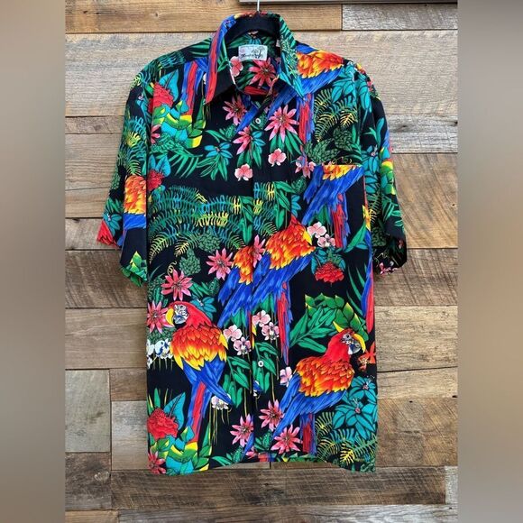 Men’s Vintage Original Hawaiian Shirt by Monticerutti Tropical Parrot Print sz M - Picture 2 of 11